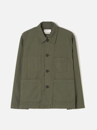 Front view of the Olive Slub Sateen Ives Jacket set against a plain light grey backdrop. The image details the boxy cut, neat collar, front button closure, and front patch pockets in olive green slub sateen.
