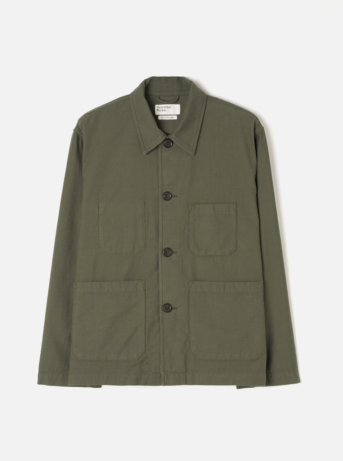 Front view of the Olive Slub Sateen Ives Jacket set against a plain light grey backdrop. The image details the boxy cut, neat collar, front button closure, and front patch pockets in olive green slub sateen.