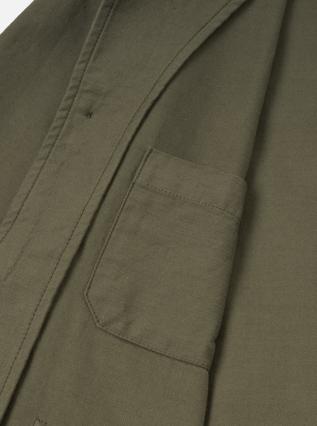Detailed close-up view of the Olive Slub Sateen Ives Jacket on a neutral studio background, focusing on the spread collar, dark front buttons, topstitching, and upper front patch pocket details.