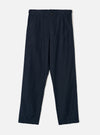 Front view of the Navy Slub Sateen Loose Fatigue Pant displayed flat against a clean off-white background. The shot highlights the deep navy cotton sateen fabric, comfortable relaxed silhouette, structured waistband, and front fatigue pockets.