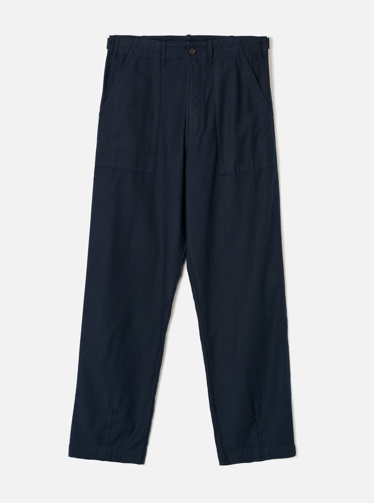 Front view of the Navy Slub Sateen Loose Fatigue Pant displayed flat against a clean off-white background. The shot highlights the deep navy cotton sateen fabric, comfortable relaxed silhouette, structured waistband, and front fatigue pockets.