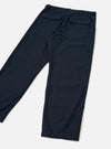 Rear view of the Navy Slub Sateen Loose Fatigue Pant displayed against a plain light background. The shot showcases the rich navy slub sateen fabric texture, practical flap back pockets, rear seams, and wide straight-leg trouser opening.