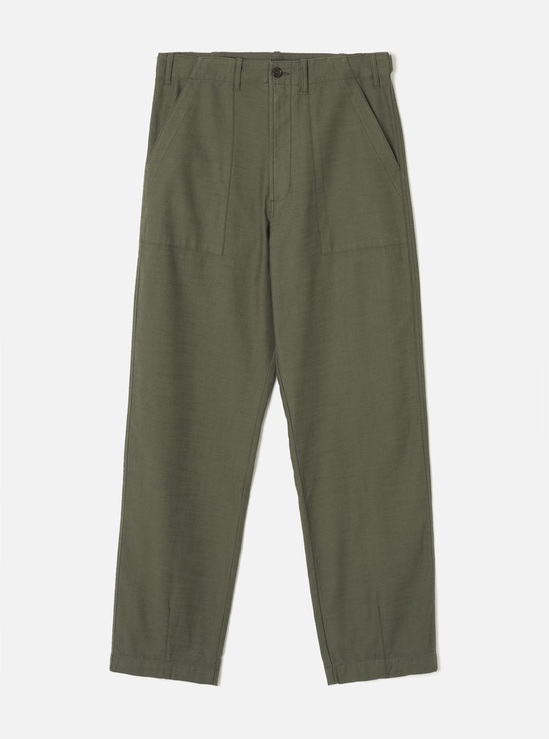 Front view of the Olive Slub Sateen Loose Fatigue Pant presented against a plain off-white studio background. The product shot highlights the military olive green shade, spacious fatigue pockets, comfortable waistband, and relaxed leg cut.