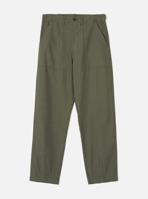 Front view of the Olive Slub Sateen Loose Fatigue Pant presented against a plain off-white studio background. The product shot highlights the military olive green shade, spacious fatigue pockets, comfortable waistband, and relaxed leg cut.