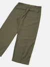 Back view of the Olive Slub Sateen Loose Fatigue Pant set against a neutral off-white background. The image clearly displays the flap rear pockets, durable slub sateen cotton material, straight hem, and refined seam construction of the trousers.