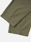 Detailed close-up view of the waistband and pocket construction on the Olive Slub Sateen Loose Fatigue Pant. Set on a clean white background, the image highlights the olive green slub sateen texture, stitching detail, and button fly region.