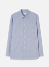 Front view of the Blue Montgomery Stripe Station Shirt displayed against a plain off-white background. The shot highlights the vertical blue stripe pattern, classic point collar, full front button placket, and dual chest patch pockets.