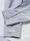 A detailed view of the Mix Stripes WM Station Shirt displayed flat against a plain white background. The image showcases the contrasting blue striped cotton fabric patterns, square chest pocket, and casual rear yoke details.