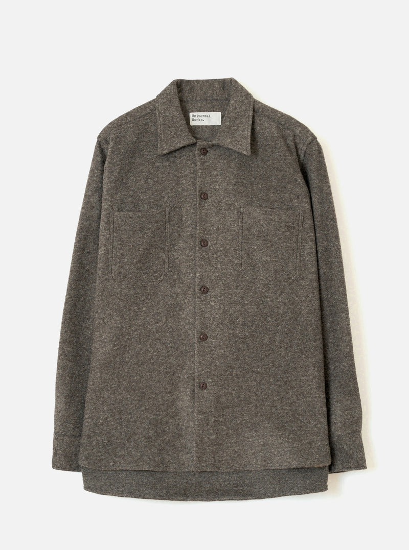 Front view of the Mid Brown Dam Marl Work Shirt displayed against a plain white background. The image showcases the soft knit texture, one-piece collar, button-through front, and twin chest patch pockets.