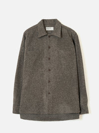 Front view of the Mid Brown Dam Marl Work Shirt displayed against a plain white background. The image showcases the soft knit texture, one-piece collar, button-through front, and twin chest patch pockets.