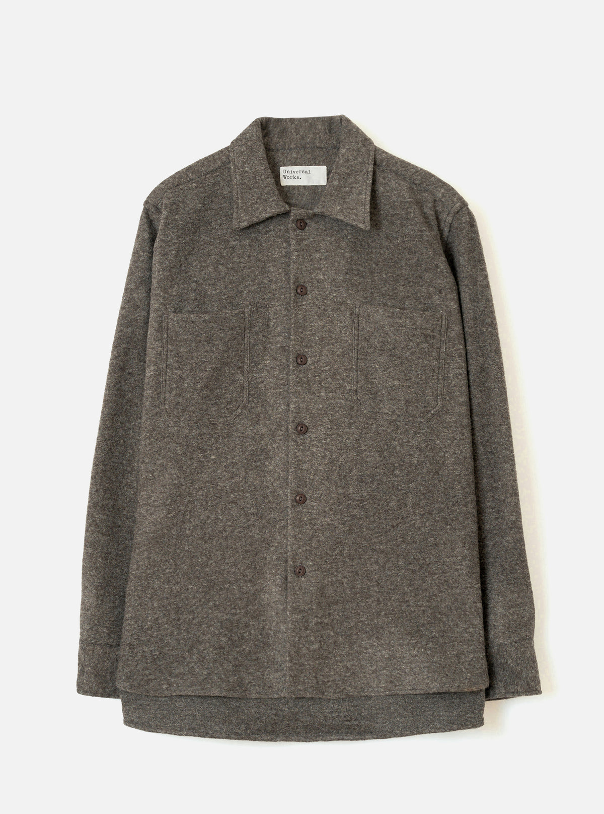 Front view of the Mid Brown Dam Marl Work Shirt displayed against a plain white background. The image showcases the soft knit texture, one-piece collar, button-through front, and twin chest patch pockets.