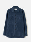 Front view of the Navy Dam Marl Work Shirt presented against a clean off-white background. The shot highlights the classic open collar, two functional chest pockets, and navy blue button-front placket.