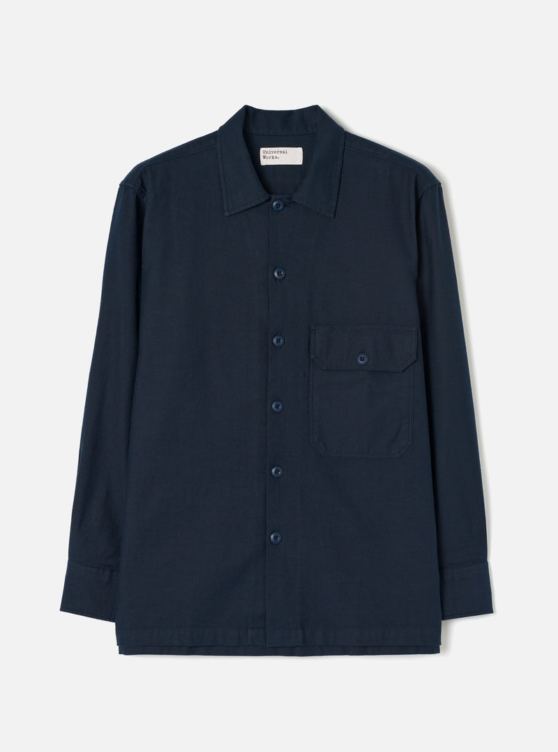 Front view of the Navy Slub Sateen Fatigue Shirt presented against a clean white background. The shot highlights the structured relaxed collar, button front closure, and textured navy cotton sateen fabric.