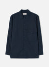 Front view of the Navy Slub Sateen Fatigue Shirt presented against a clean white background. The shot highlights the structured relaxed collar, button front closure, and textured navy cotton sateen fabric.
