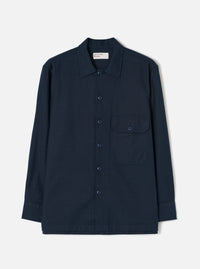 Front view of the Navy Slub Sateen Fatigue Shirt presented against a clean white background. The shot highlights the structured relaxed collar, button front closure, and textured navy cotton sateen fabric.