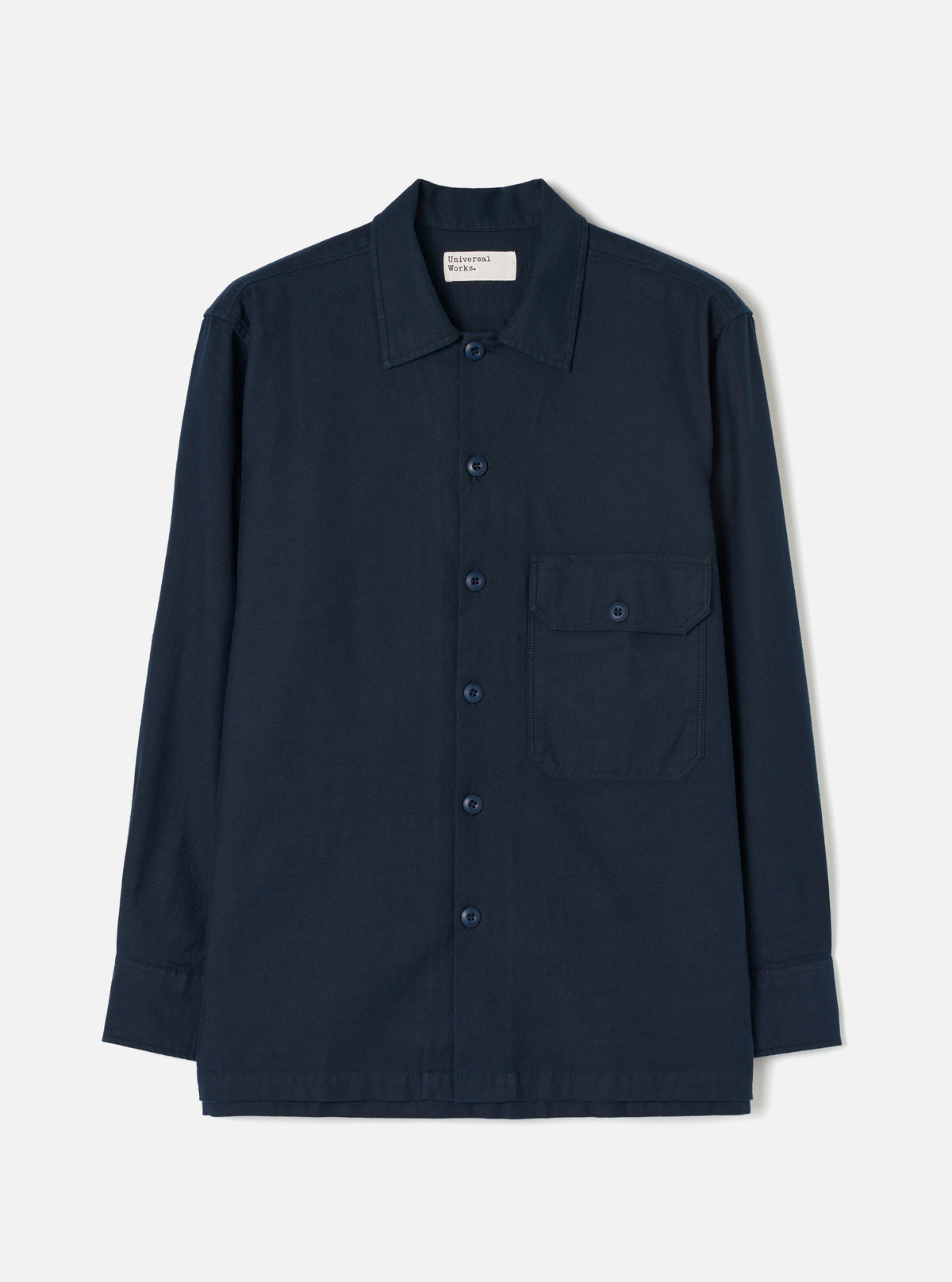 Front view of the Navy Slub Sateen Fatigue Shirt presented against a clean white background. The shot highlights the structured relaxed collar, button front closure, and textured navy cotton sateen fabric.