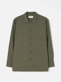 Front view of the Olive Slub Sateen Fatigue Shirt set against a plain white background. The shot highlights the chest flap pockets, button-down front closure, and olive green cotton sateen material.
