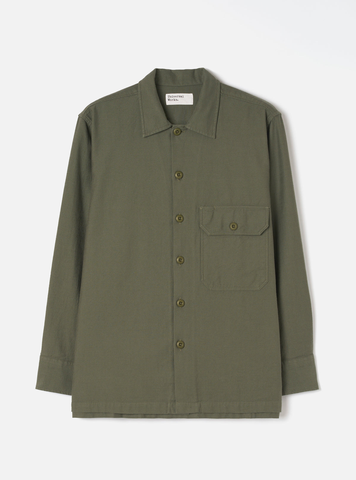 Front view of the Olive Slub Sateen Fatigue Shirt set against a plain white background. The shot highlights the chest flap pockets, button-down front closure, and olive green cotton sateen material.