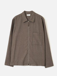 Front view of the Brown Monty Cotton Tencel Zip Shirt displayed against a plain white background. The studio shot emphasizes the full zip front, flat collar, chest pocket, and smooth brown fabric.
