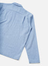A full back view of the Sky Blue Monty Cotton Tencel Zip Shirt displayed on a clean white studio background, showing the clean shoulders, back panel seams, and relaxed fit design.