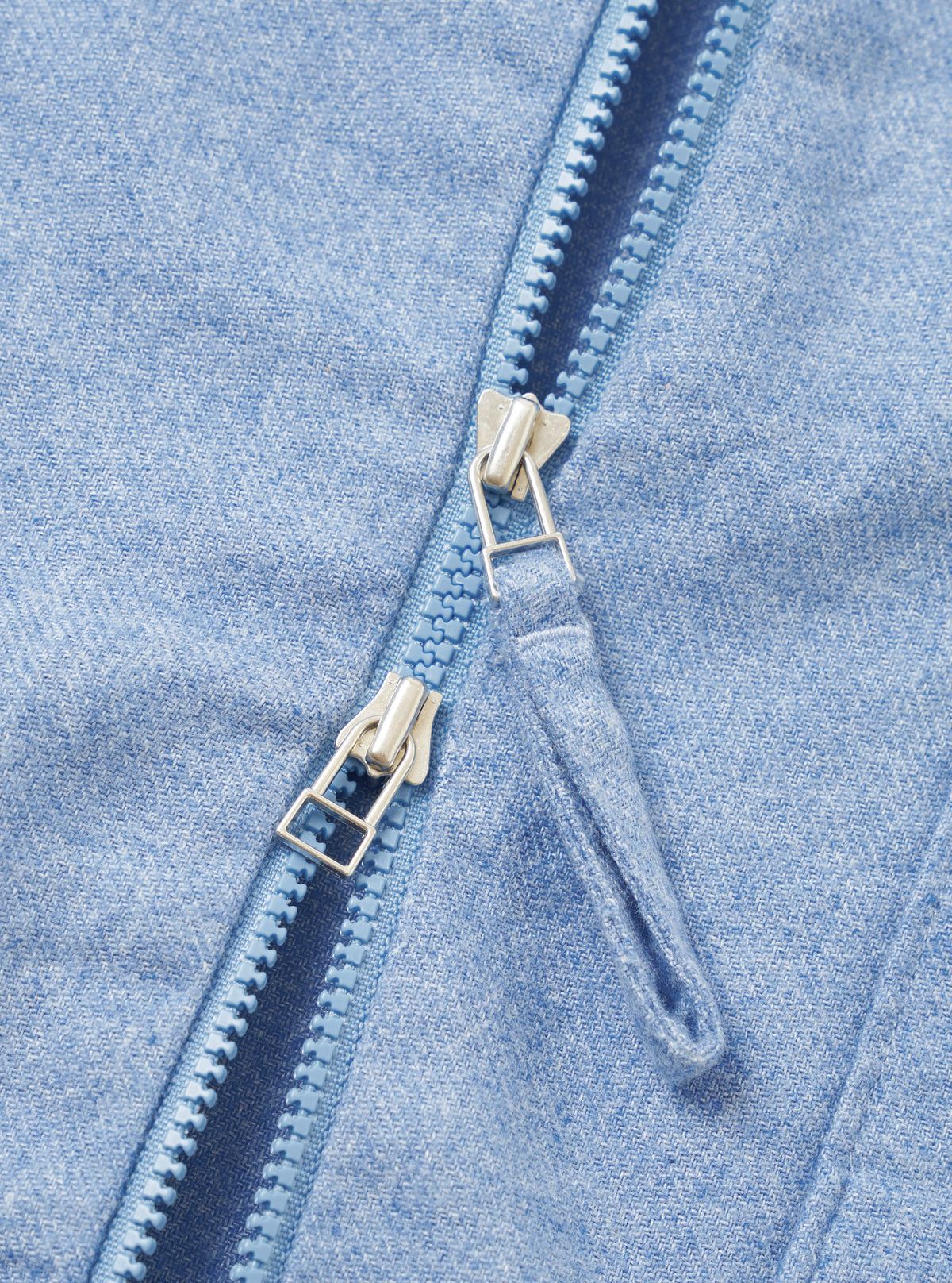 A close-up detail shot of the Sky Blue Monty Cotton Tencel Zip Shirt set against a plain white background, highlighting the front zipper hardware, collar structure, and fabric texture.