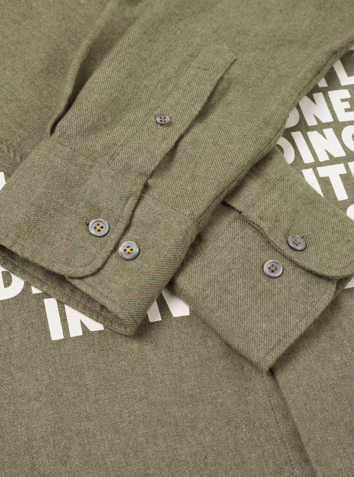 A detailed close-up shot of the collar and button placket on the Olive Monty Cotton Tencel Standard Shirt, set against a plain studio background to show fine stitching and buttons.