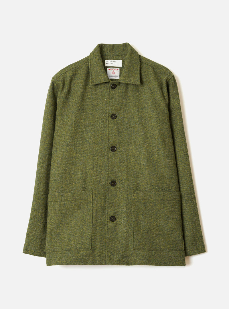A clear front view of the Olive Harris Tweed Easy Jacket presented against a bright white background. The full garment display highlights the olive green wool fabric, collar, and front pocketing.