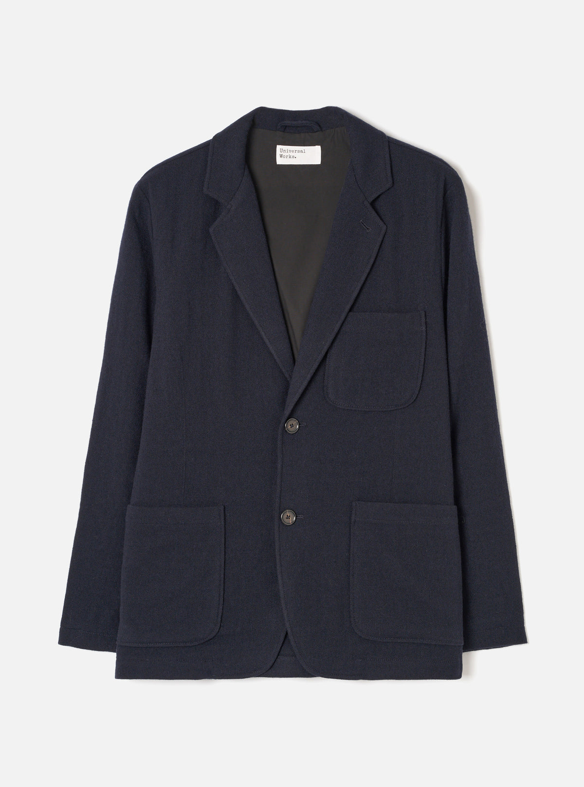 A full front product view of the Dark Navy Robin Wool Mix Two Button Jacket against a white background. The image highlights the structured lapels, two-button front fastening, and deep navy wool texture.