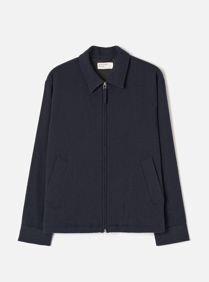 Front product view of the Dark Navy Robin Wool Mix Club Jacket displayed against a plain white background, highlighting the full-length zip closure, classic collar, two side pockets, and relaxed silhouette.