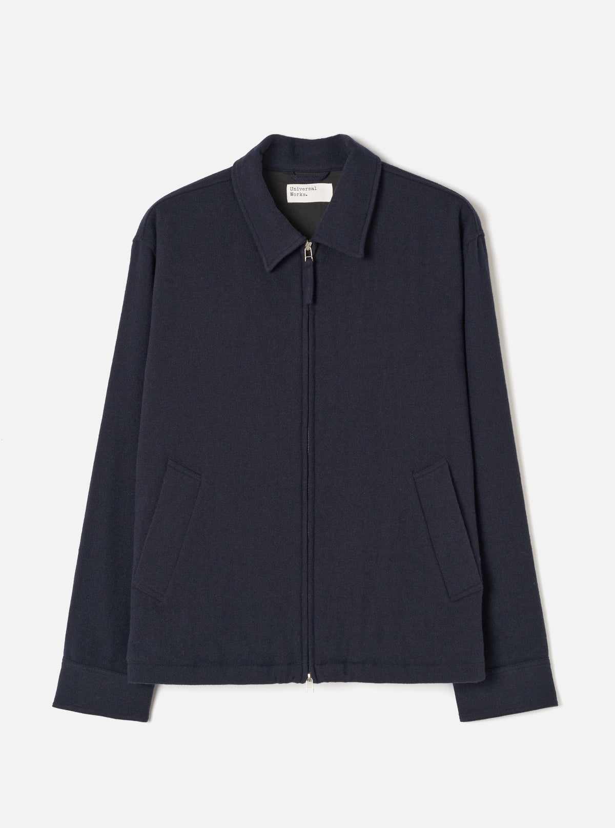 Front product view of the Dark Navy Robin Wool Mix Club Jacket displayed against a plain white background, highlighting the full-length zip closure, classic collar, two side pockets, and relaxed silhouette.