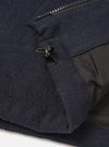 A close-up detail shot of the Dark Navy Robin Wool Mix Club Jacket on a plain background, highlighting the front zip mechanism, durable stitching, and fine wool-blend fabric texture.