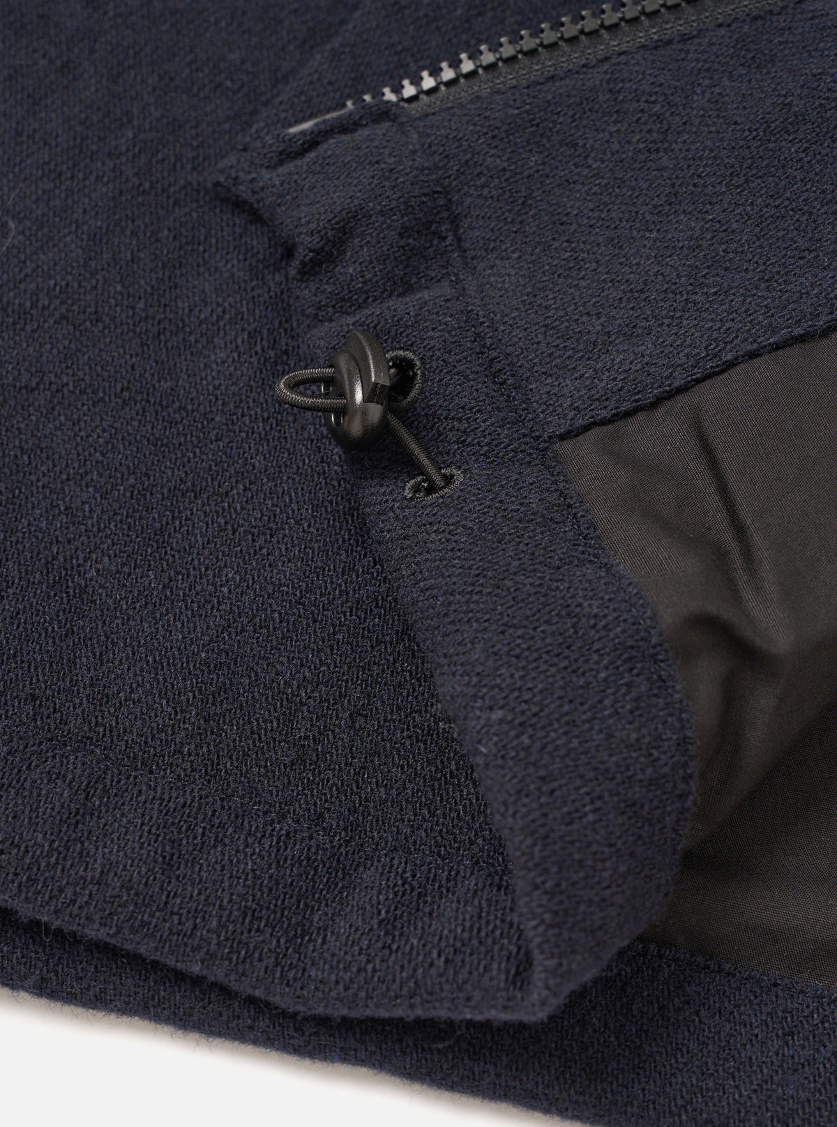 A close-up detail shot of the Dark Navy Robin Wool Mix Club Jacket on a plain background, highlighting the front zip mechanism, durable stitching, and fine wool-blend fabric texture.