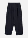 Front view of the Dark Navy Robin Wool Mix Lindberg Pant set against a plain off-white background, highlighting the elasticated drawstring waist, single front pleats, and wide-leg cut.