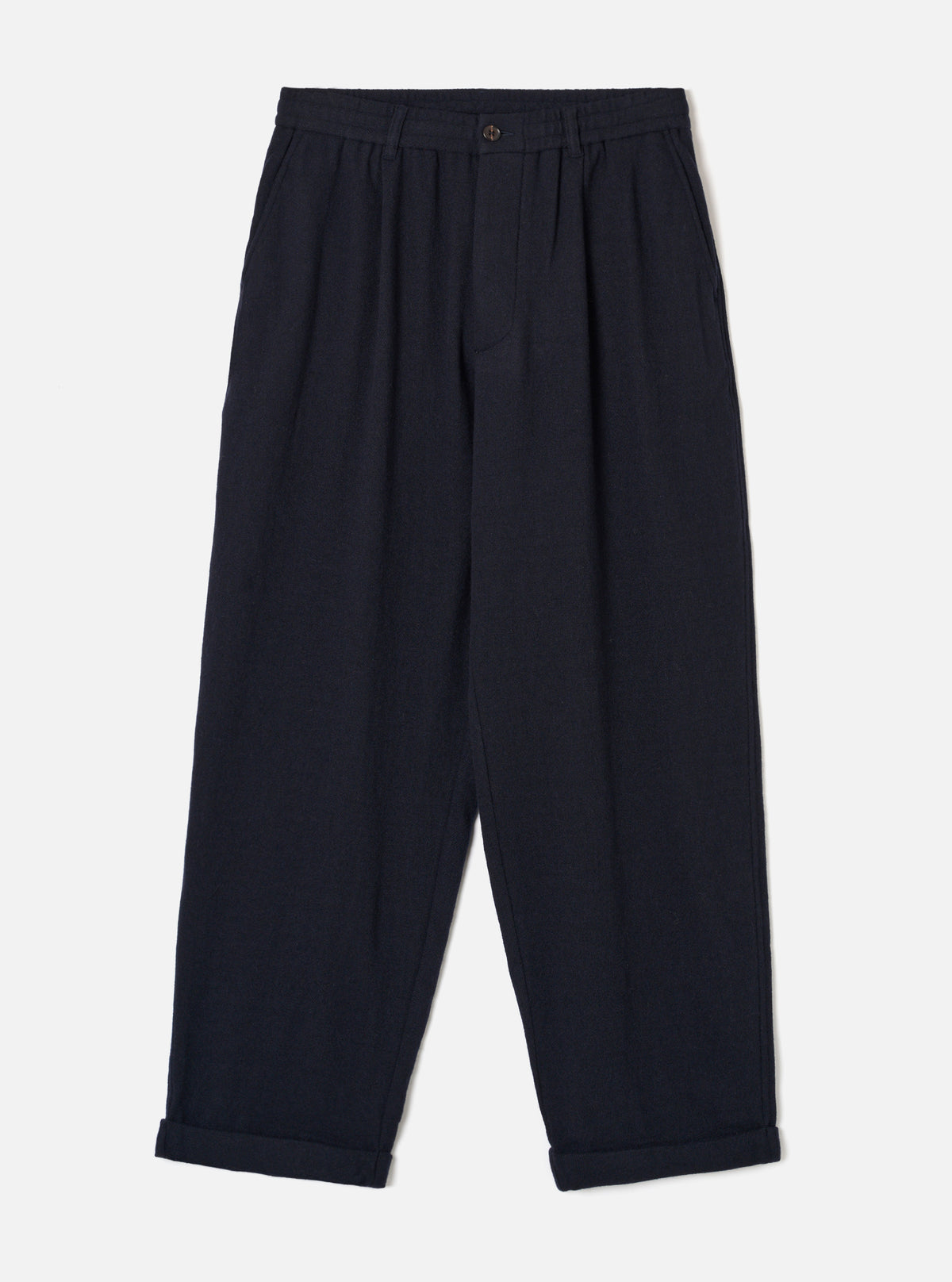 Front view of the Dark Navy Robin Wool Mix Lindberg Pant set against a plain off-white background, highlighting the elasticated drawstring waist, single front pleats, and wide-leg cut.