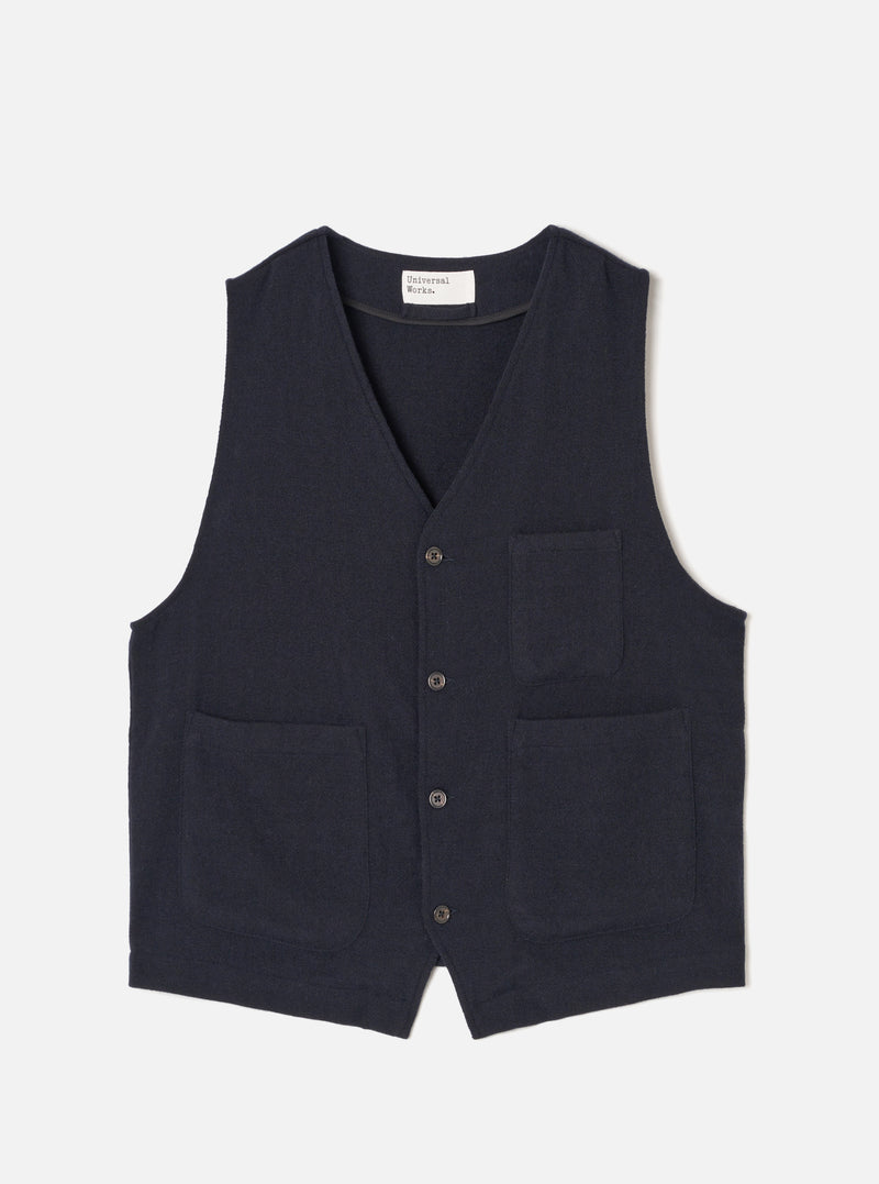 Front view of the Dark Navy Robin Wool Mix JJ Waistcoat displayed against a plain off-white background, highlighting the V-neckline, front button closure, and spacious front patch pockets.
