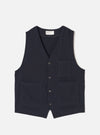 Front view of the Dark Navy Robin Wool Mix JJ Waistcoat displayed against a plain off-white background, highlighting the V-neckline, front button closure, and spacious front patch pockets.