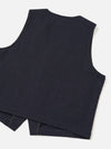 Back view of the Dark Navy Robin Wool Mix JJ Waistcoat set against a clean studio background, showing the unlined back panel made from the same dark navy wool-blend fabric and clean hemline.