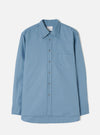 Front view of the Mid Blue R.Oxford Lazy Day Shirt displayed flat against a clean off-white background, highlighting the button-down collar, asymmetric chest pocket, and full button placket.
