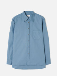 Front view of the Mid Blue R.Oxford Lazy Day Shirt displayed flat against a clean off-white background, highlighting the button-down collar, asymmetric chest pocket, and full button placket.
