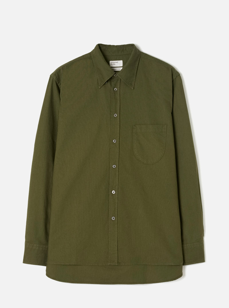 Front view of the Olive R.Oxford Lazy Day Shirt laid flat against a clean off-white studio background, detailing the button-down collar, single asymmetric chest pocket, and olive tone.