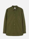 Front view of the Olive R.Oxford Lazy Day Shirt laid flat against a clean off-white studio background, detailing the button-down collar, single asymmetric chest pocket, and olive tone.