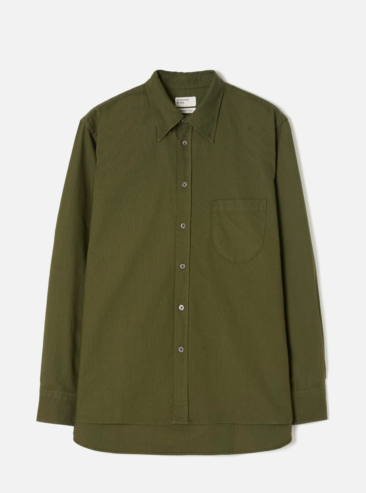 Front view of the Olive R.Oxford Lazy Day Shirt laid flat against a clean off-white studio background, detailing the button-down collar, single asymmetric chest pocket, and olive tone.