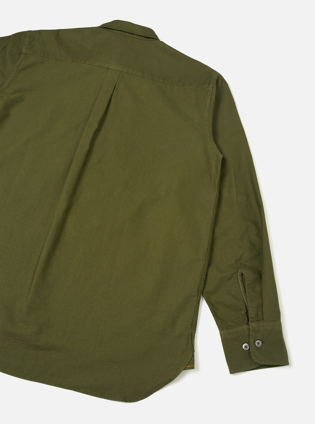 Rear view of the Olive R.Oxford Lazy Day Shirt presented against a plain background, highlighting the shoulder construction, smooth back yoke, and box pleat designed for everyday comfort.