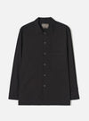 Front view of the Black Slub Shirting Fatigue Shirt shown against a plain white background. The image showcases the front chest pockets, button closures, neat collar, and relaxed fit of the black slub cotton fabric garment.