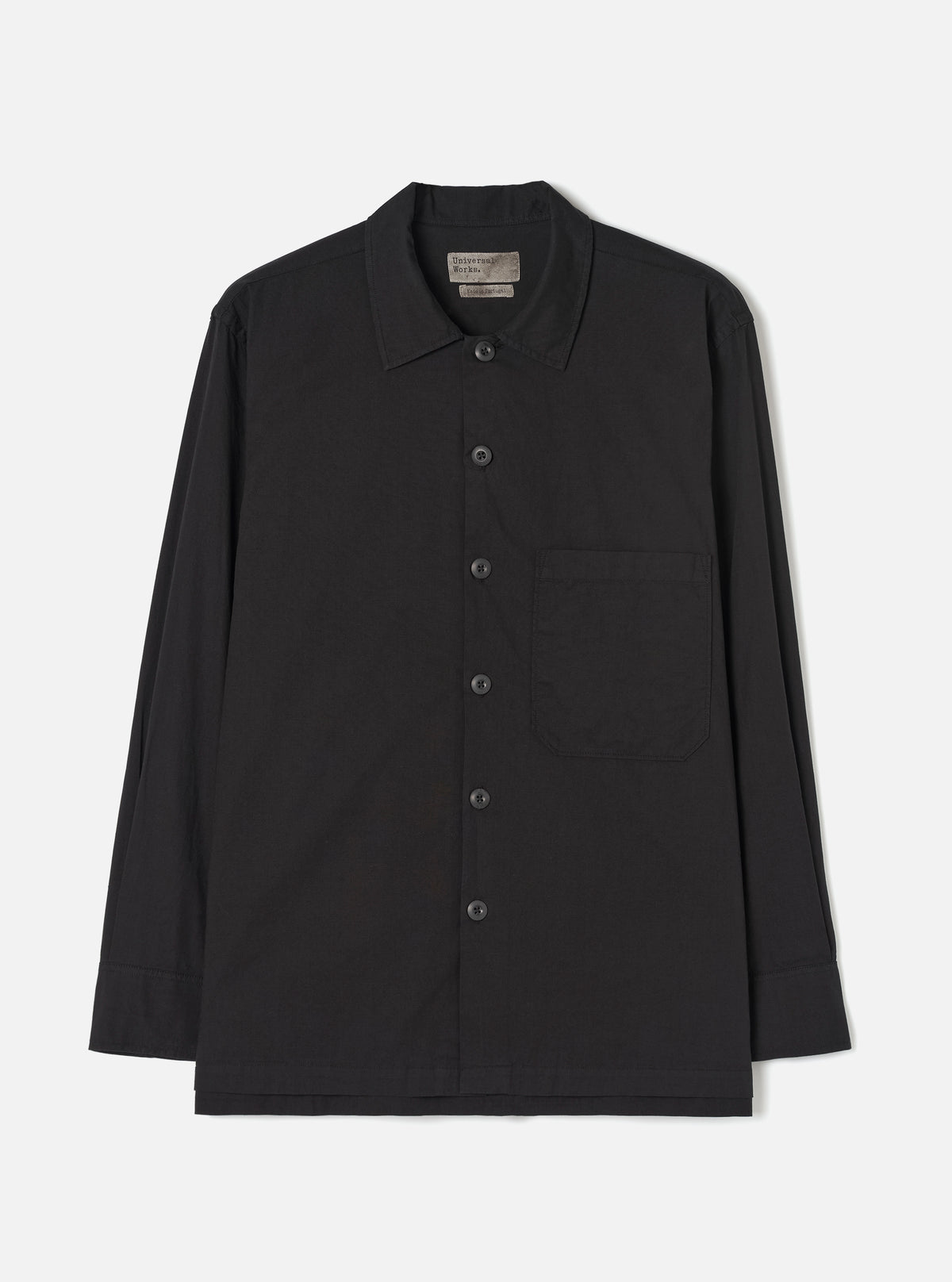 Front view of the Black Slub Shirting Fatigue Shirt shown against a plain white background. The image showcases the front chest pockets, button closures, neat collar, and relaxed fit of the black slub cotton fabric garment.