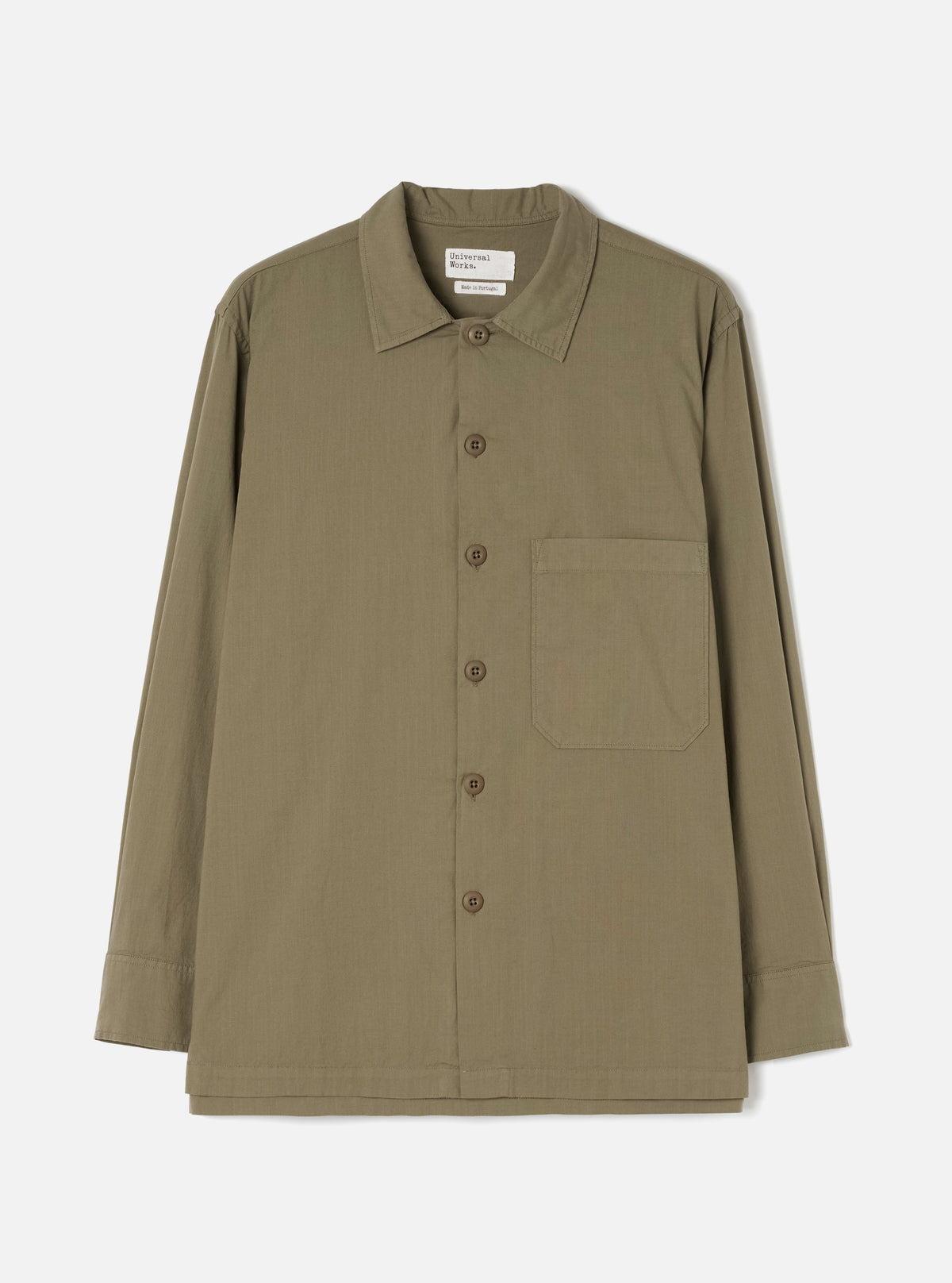 Front view of the Olive Slub Shirting Fatigue Shirt displayed against a clean off-white background. The shot details the dual chest pockets, front button placket, folded collar, and olive green slub cotton construction.