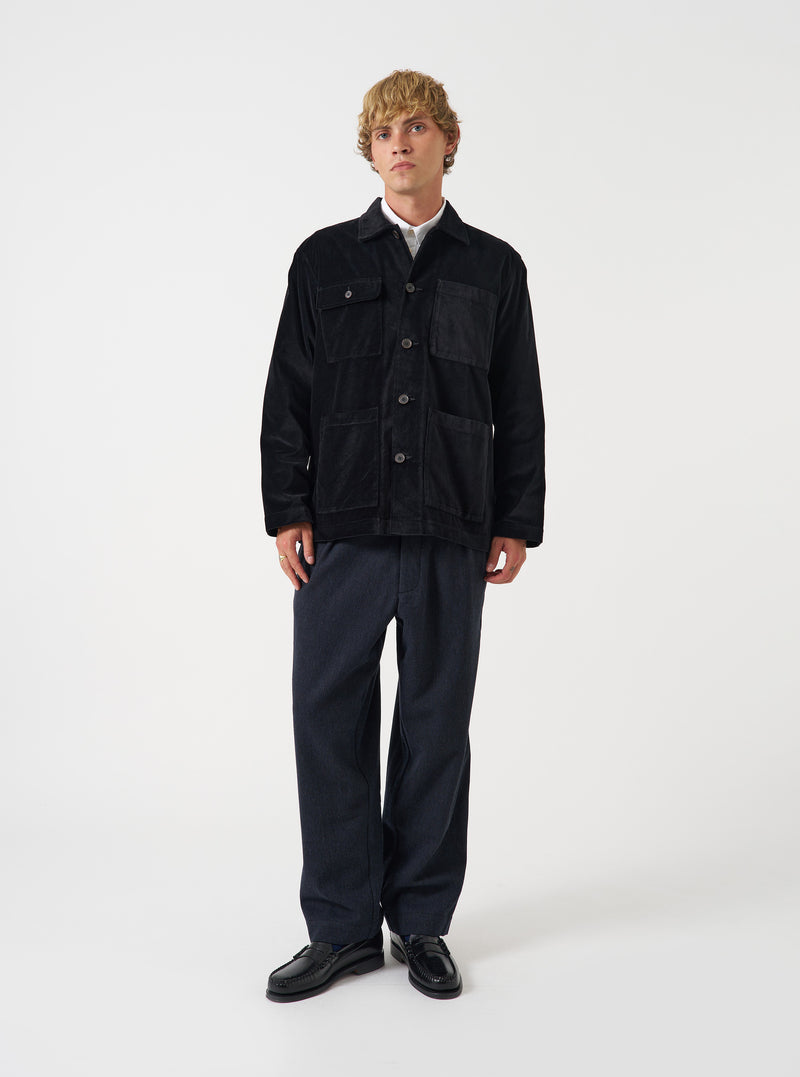 Front product view of the Black CPH Velvet Dockside jacket displayed against an off-white background. The shot highlights the spread collar, front button placket, patch pockets, and rich velvet fabric texture.