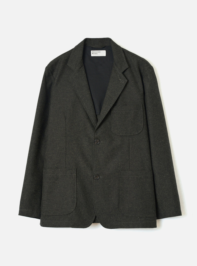 Front view of the Olive Recycled Italian Tweed Two Button Jacket displayed against a plain white studio backdrop. The image highlights the wide notch lapels, two front buttons, chest patch pocket, and muted green tweed shade.