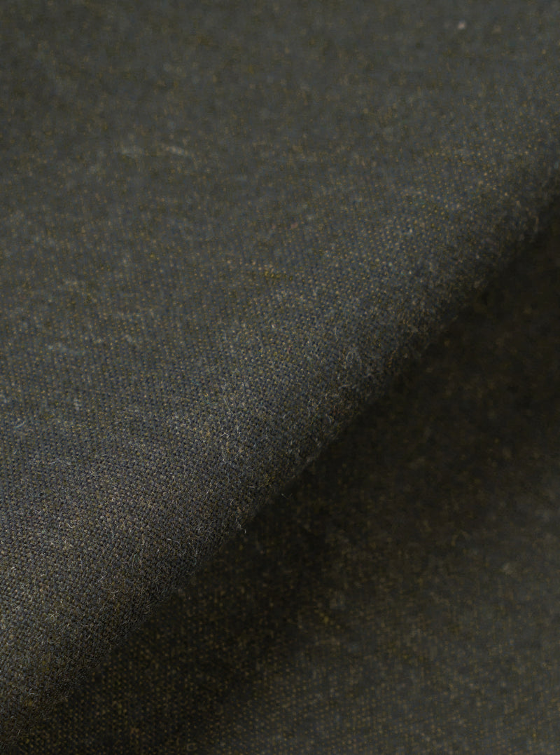 A close-up swatch image showing the detailed olive green tweed fabric texture of the Olive Recycled Italian Tweed Two Button Jacket against a plain white background, highlighting the rich weave of recycled wool and cotton yarns.