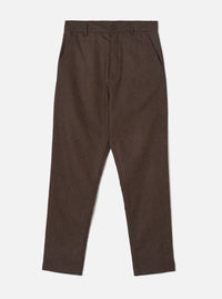 A full-length front view of a model wearing the Brown Recycled Italian Tweed Military Chino in a clean studio setting. The image showcases the trousers' straight, slim fit, front waist details, and textured brown tweed fabric.